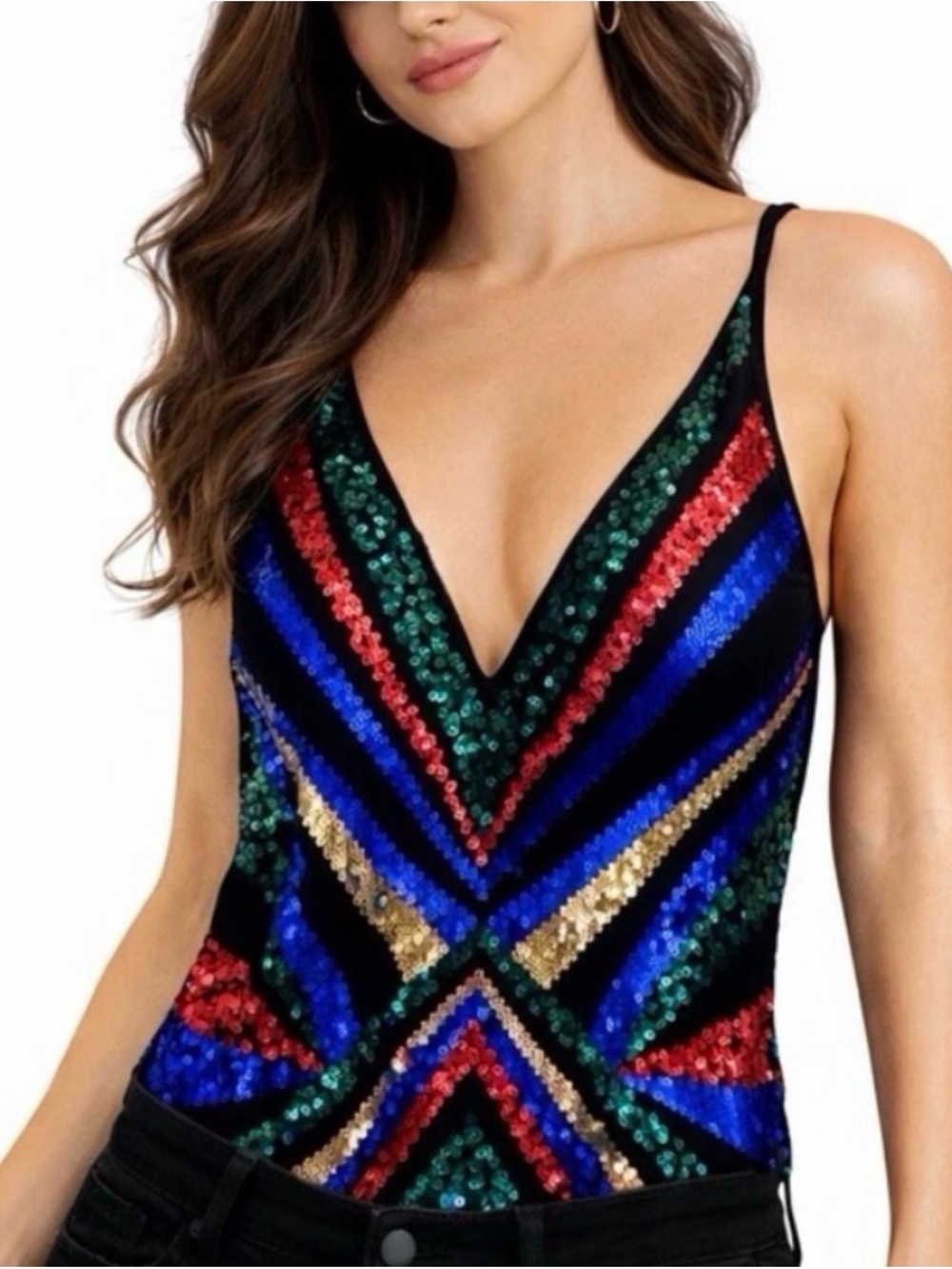 Express Multicolor Sequin V-Neck multicolor Bodysuit